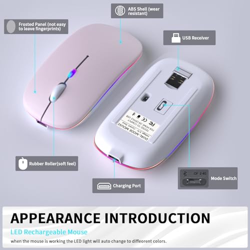 KANMABPC Wireless Bluetooth Mouse – Rechargeable, Silent, Dual Mode (Bluetooth 5.2 & USB) with LED Lights – Portable for Laptop, Desktop, & Tablet(Pink) - color: Pink