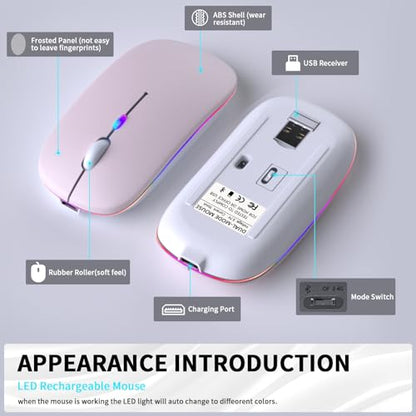 KANMABPC Wireless Bluetooth Mouse – Rechargeable, Silent, Dual Mode (Bluetooth 5.2 & USB) with LED Lights – Portable for Laptop, Desktop, & Tablet(Pink) - color: Pink