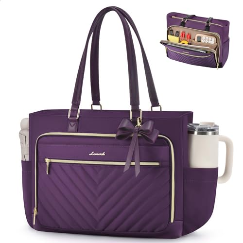 LOVEVOOK Laptop Tote Bag for Women, Work Bag for Teacher with Large Cup Holder,Quilted Nurse Diaper Bag for Travel, Computer Women's handbags for Teacher gift, Purple, 15.6 Inch - color: Purple, size: 15.6 Inch