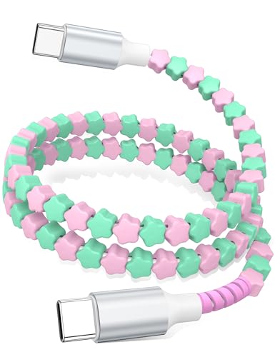 USB C to USB C Cable 3FT,60W Fast Charging Beaded Charger Cord for iPhone 17 16 Pro Max 15/iPad Pro 11th Air for Samsung S26 S25 S24 S23 A17/Android Phone Charger Cord Cute Girl Women,Pink-Green Star - color: Pink-Green Star Beaded, size: 3FT/1M