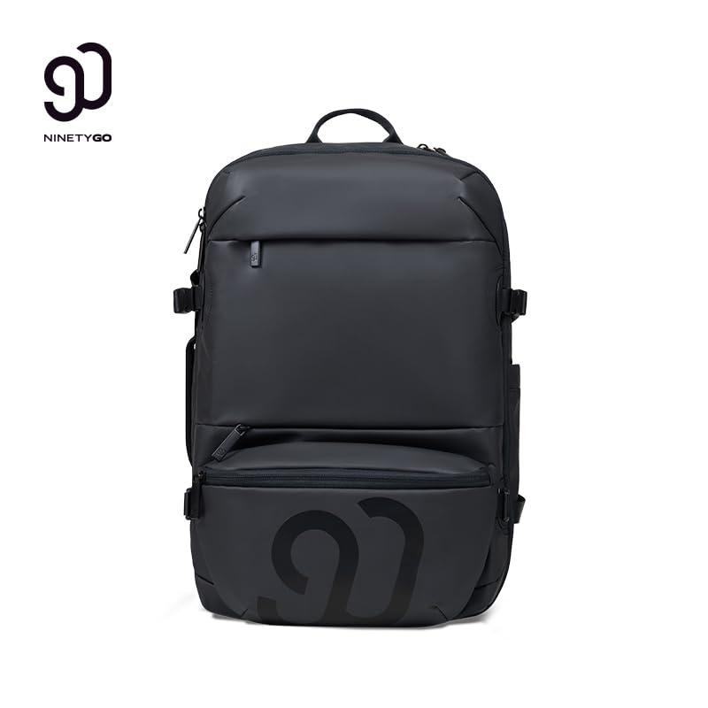 NINETYGO Travel Backpack for Men & Women, Black | Carry On, Airline Approved, Waterproof, 24.7L, Detachable Shoulder Bag, Fits 15.6 Inch Laptop - color: Black