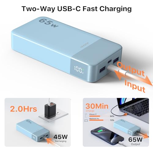 JUOVI Power Bank 65W 20000mAh Laptop Portable Charger | Fast Charging with 4 Ports LED Display External Battery Pack for MacBook Air iPad Tablet iPhone Samsung Steam Deck etc - color: Blue