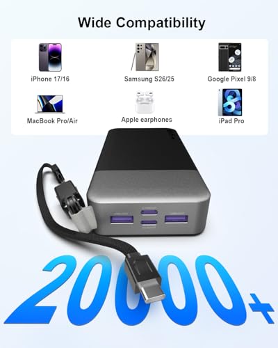 NOBIS Power Bank 20000mAh 65W Laptop Portable Charger | Battery Pack with attached USBC Cable 2 USB-C & 2 USB-A Ports, for Laptop,Pad,tablet,Phone 17/16/15/14,S26 - color: Black