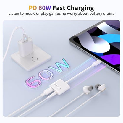 USB C to 3.5mm Audio Adapter and Charger 2 in 1 USB C to Aux Headphone Dongle with 60W PD Fast Charging Compatible with iPhone 16/16 Pro/15/15 Pro Max, Galaxy S24/S23/S22/S23FE, Pixel 8/7, iPad Pro