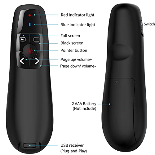 Wireless Presentation Clicker for Google Slides: 100ft Range | Ultra-Bright 656ft Red Pointer | Battery Powered - Plug & Play USB Presenter Remote with Volume & Black Screen for Mac Win PPT Keynote