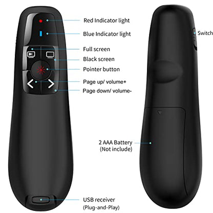 Wireless Presentation Clicker for Google Slides: 100ft Range | Ultra-Bright 656ft Red Pointer | Battery Powered - Plug & Play USB Presenter Remote with Volume & Black Screen for Mac Win PPT Keynote