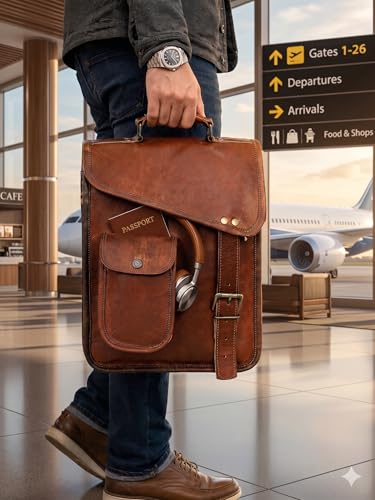 Leather Satchel Tablet Bag Laptop Case Office Briefcase Messenger Gift for Men Computer Distressed Shoulder Bag - size: 17 Inch