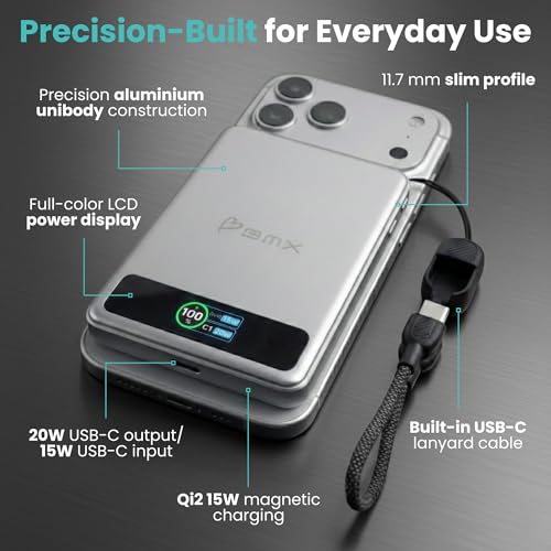 5K Magnetic Power Bank, Silver, Qi2 Certified 15W Wireless Charger, LCD Display, Ultra-Slim Solid-State Battery Pack for iPhone 17/16, Lightweight Travel, USB-C Portable (Silver) - color: Silver