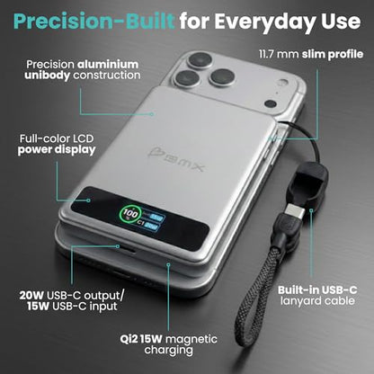 5K Magnetic Power Bank, Silver, Qi2 Certified 15W Wireless Charger, LCD Display, Ultra-Slim Solid-State Battery Pack for iPhone 17/16, Lightweight Travel, USB-C Portable (Silver) - color: Silver