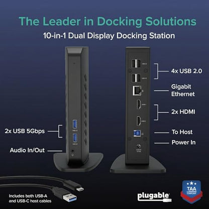 Plugable Dual 1080p HDMI Universal Docking Station for USB-C & USB 3.0 Laptop, 10 Ports, Windows/ChromeOS Plug & Play, macOS Driver Required (UD-3900Z) - size: 7.5" × 2.8" × 5.3