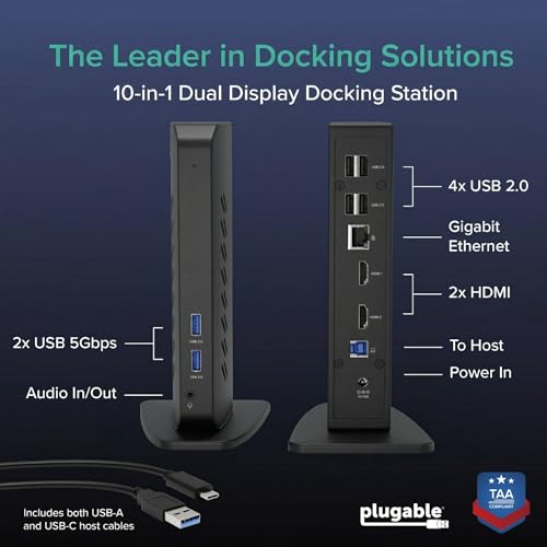 Plugable Dual 1080p HDMI Universal Docking Station for USB-C & USB 3.0 Laptop, 10 Ports, Windows/ChromeOS Plug & Play, macOS Driver Required (UD-3900Z) - size: 7.5" × 2.8" × 5.3