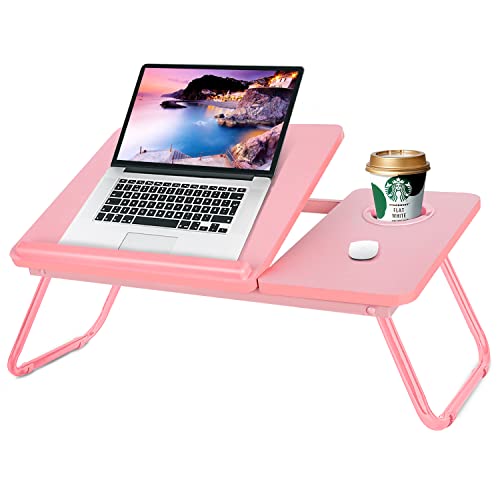 Laptop Bed Desk for Couch, 5-Angle Adjustable Laptop Bed Table for Adults | Foldable Lap Desk for Adults with Cup Holder, Bed Desk for Laptop and Writing,Working,Eating,Bed Tray Table for Laptop, Pink