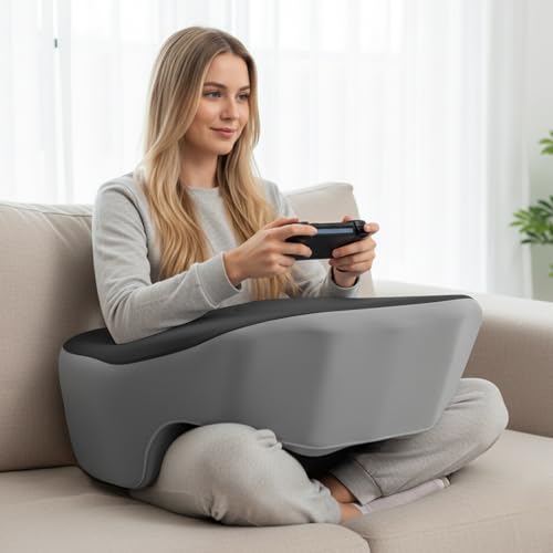 Reading Pillow for Gaming, Large Arm Rest Pillow for Adult, Memory Foam Desk Pillow with Cup & Phone Holder for Reading, Working, Crocheting, Playing Game or Sitting in Bed (Grey & Black) - color: Black and Grey