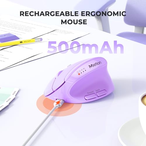MEETION Ergonomic Vertical Mouse, Wireless Bluetooth Mouse - Purple | Rechargeable mouse with dual Bluetooth 5.2 and USB, 4 DPI levels (800–2400), compatible with Windows, Mac, PC and iPad - color: Right Purple