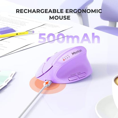 MEETION Ergonomic Vertical Mouse, Wireless Bluetooth Mouse - Purple | Rechargeable mouse with dual Bluetooth 5.2 and USB, 4 DPI levels (800–2400), compatible with Windows, Mac, PC and iPad - color: Right Purple