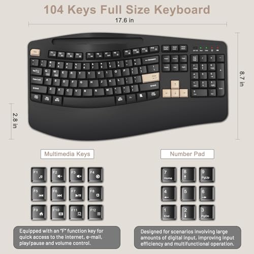 Wireless Keyboard and Mouse Combo, 2.4G Full Size Wave Keys Ergonomic Keyboard with Wrist Rest, Phone Holder, 3-Level DPI Wireless Silent Mouse with 6-Buttons, for Windows (Latte Black) - color: Latte Black