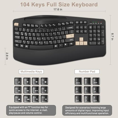 Wireless Keyboard and Mouse Combo, 2.4G Full Size Wave Keys Ergonomic Keyboard with Wrist Rest, Phone Holder, 3-Level DPI Wireless Silent Mouse with 6-Buttons, for Windows (Latte Black) - color: Latte Black