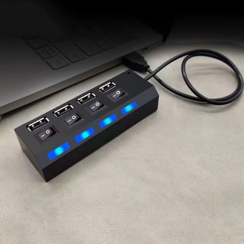 4 Port USB 2.0 Hub High Speed ON/Off Sharing Switch for PC Laptop-Black | USB 2.0 Hub with Individual On Off Switches Portable Multi Port Splitter with Attached Cable for Office Data Transfer