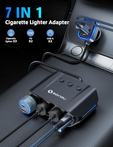 7 in 1 Cigarette Lighter Splitter, SONRU 180W (max 192W) 3-Socket Car Cigarette Lighter Adapter with Dual PD 36W/QC3.0 Fast Charging (3.7FT Cable) 12V/24V Independent Switches & LED Voltage Display