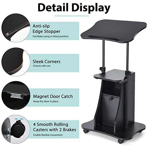 Tangkula Mobile Laptop Podium Set of 2, Height Adjustable Sit to Stand Desk with Tilting Desktop & Storage Cabinet, Ergonomic Rolling Lectern Cart Laptop Desk, Office Podium Stand on Wheels - color: Black, size: 21.5" x 15.5" x 45"