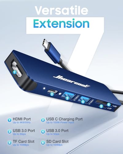 Hiearcool USB C Hub, 7-in-1 USB C Dongle for MacBook, HDMI, PD, Navy Blue - color: Navy Blue