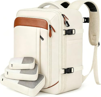Vancropak Travel Backpack for Women, Airline Approved Carry on Backpack | 3 Packing Cubes, Fits 17" Laptop, Expandable Large 40L Travel Bag, Personal Item Backpack 18x14x8, Anti Theft,Weekend Daypack - color: White Brown