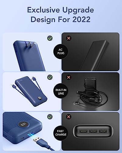 VRURC Portable Charger 20000mAh, Fast Charging Power Bank USB C,4 Output 2 Input Travel Essentials Charging Bank Equipped with LED Display,Built-in Wall Plug and Cables,Phone Charger Battery,Navy - color: Navy