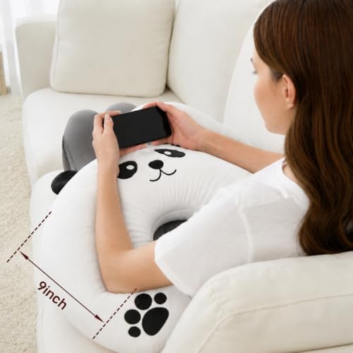 Lap Pillow, Cute Panda Crochet Pillow for Knitting, Crafting, Gaming, Reading and Phone Use on Bed, Sofa or Chair, U-Shaped Wrap Around Arm Support Cushion and Neck Pillow - color: Black & White Panda