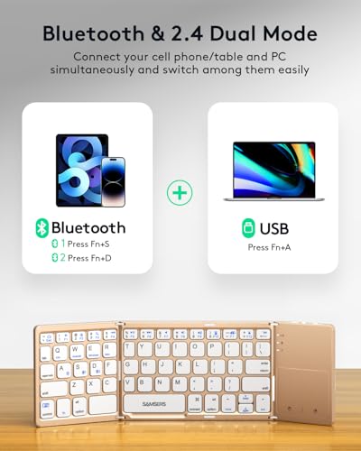 Samsers Foldable Bluetooth Keyboard with Touchpad, Ultra Slim Compact, Gold | Multi-touch Trackpad, Full Size, Phone Holder, USB-C Charging, 3 Device, for Android Windows iOS Mac OS, Mobile Productivity - color: Desert Gold, size: 3-Device
