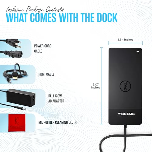WD19 Dell Dock Station USB C - Docking Station Dual Monitor with 130W, HDMI Cable, Dual DisplayPort & Microfiber Cleaning Cloth - Laptop Docking Station (Renewed)