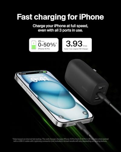Belkin 3-Port USB C Charger Block w/PPS 67W, USB-C PD 3.1 Super Fast Charging - Samsung Galaxy S25, Apple iPhone 17, Air, Pro, Pro Max, MacBook, AirPods, Apple Watch, Nintendo Switch 2, etc. - Black - style: Black