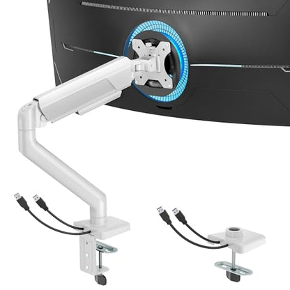 ARES WING Heavy Duty Single Monitor Arm - Fully Adjustable Monitor Mount for 17"-40" Ultrawide Screens up to 26.4 lbs with Clamp/Grommet Desk Mount and USB A/C, 75/100 Vesa Mount, White - color: White, style: With USB