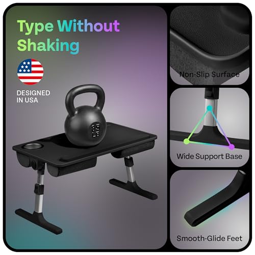 Lap Desk with Legs & Cushions: 2-in-1 Foldable Bed Desk for Adults - One-Touch Height Adjustment, Bed Table Tray Hold: up to 15.6“ Laptop, Mouse Cup Phone - Laptop Stand Desks for Bed (Black) - color: Black