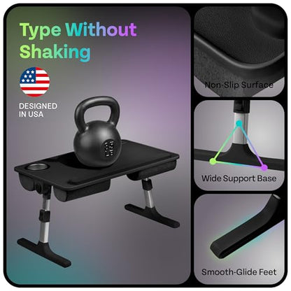 Lap Desk with Legs & Cushions: 2-in-1 Foldable Bed Desk for Adults - One-Touch Height Adjustment, Bed Table Tray Hold: up to 15.6“ Laptop, Mouse Cup Phone - Laptop Stand Desks for Bed (Black) - color: Black