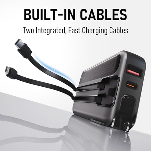 Portable Charger with Wall Plug, 20000mAh Power Bank 22.5W Fast Charging, Built-in Lightning & USB-C Cables, Plug in Portable Charger for Android Samsung iPhone, 4-in-1 Travel Charger