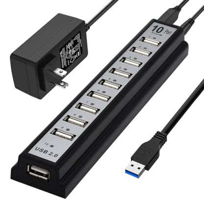 USB Hub 10-Ports, USB Hub Extender Network Splitter Adapter with Powered, for MacBook, PC, Laptop, Mice, Keyboards（ Only USB Data Transfer Not for Charing