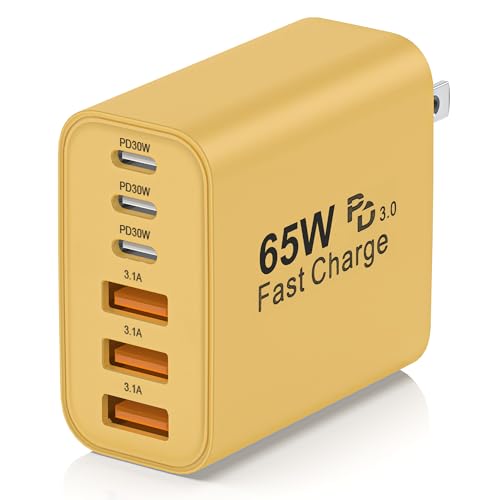 65W USB C Charger Block,6-Port Multi Device Fast Charger PD QC Wall Adapter | GaN technology saves space and reduces heat,ideal for home,office,travel,wide compatibility for iphone & USBC devices（Yellow - color: Yellow, size: 65w