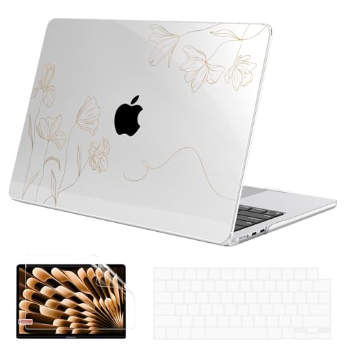 G JGOO Compatible with MacBook Air 15 inch Case 2026 2025 2024 2023 M5 A3448 M4 A3241 M3 A3114 M2 A2941, Protective Hard Laptop Shell Case + Keyboard Cover + Screen Protector, Golden Floral - color: Golden Floral