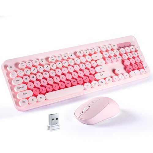 Wireless Keyboard and Mouse Combo, 104 Round Keys Colorful Full Size Keyboard and Mouse with 2.4GHz USB Receiver for PC/Laptop/Tablet/Computer/Windows, Pink - color: Pink+Mouse
