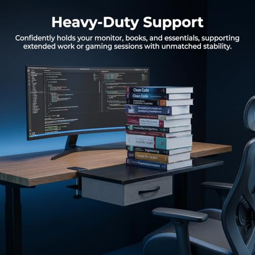 Desk Extender Tray with Drawer, 24 x 12 in, Clamp On Desk Shelf, Black | Extension Table Extender, Keyboard Tray Arm Rest, Front or Side Mount, 55 lbs, Home Office Gaming