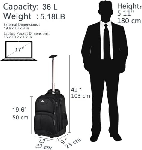 MATEIN Rolling Backpack, 17 inch Water Resistant Wheeled Laptop Backpack, Carry on Luggage Business Bag, Overnight College Computer Bag Trolley Suitcase for Men Women Adults to Travel, Black | Backpack with Wheels, 17 inch Laptop Backpack, 36 L Main Compa
