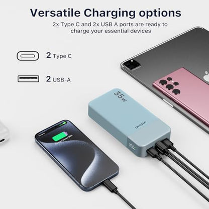 JUOVI J2651 Portable Charger, 35W 20000mAh USB C in & Out Power Bank, Battery Pack with QC4.0+PD3.0 35W High-Speed Charging for Bluetooth Earbud, Mobile Phone, Tablet (Blue) - color: Blue