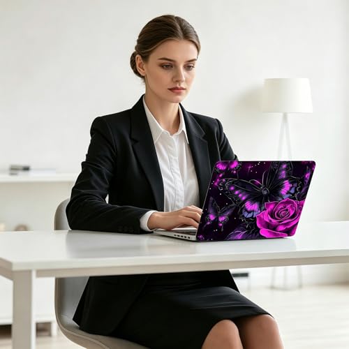 Universal Laptop Skin Decal, 3-Piece Vinyl Protector for 12 13 14 15.6" Notebook, Waterproof Anti-Scratch, Easy Trim & Bubble-Free Finish, Purple Rose and Butterfly - color: Purple Rose and Butterfly