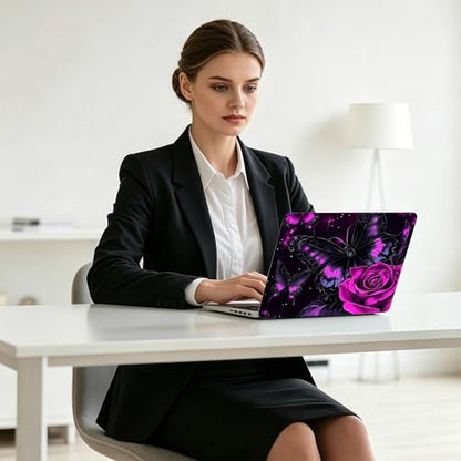 Universal Laptop Skin Decal, 3-Piece Vinyl Protector for 12 13 14 15.6" Notebook, Waterproof Anti-Scratch, Easy Trim & Bubble-Free Finish, Purple Rose and Butterfly - color: Purple Rose and Butterfly