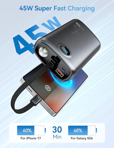 DIAMUAR Portable Charger 20000mAh 45W, Built in USB C Cable, 3W Flashlight | Fast Charging, Digital Display, 3 Ports, All-Day Power, Travel-Ready, for iPhone 17/16/15, Tablet, Laptop, Camping Essentials - color: Black