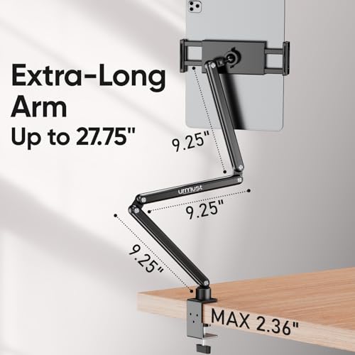 Tablet Stand for Desk, Adjustable iPad Holder for Bed, 4.7"-15.6" | 360° Rotation, Sturdy Aluminum Tablet Arm Mount for iPad Pro/Air/Mini, iPhone, Galaxy Tab, for Kitchen, Work, Video Call - size: 3 Arm-Up to 15.6"