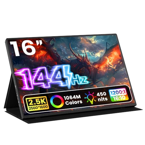 Upperizon Portable Monitor 16 inch 2K QHD 2560x1600 106% sRGB, 144Hz USB-C, 120Hz HDMI, HDR Travel Monitor for Laptop Mac PC Surface PS5 Xbox, External Display with Cover & Speakers, VESA Compatible - size: 16 in