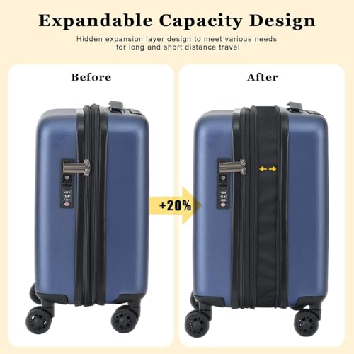 CENSIEN 16 Inch Underseat Carry On Luggage Airline Approved, Expandable Lightweight ABS+PC Hard Shell Suitcases with 360° Spinner Wheels, TSA Lock, YKK Zipper, for Business Weekender (Blue, 1 PC) - color: Navy Blue, size: Underseat - 16 Inch - EXT