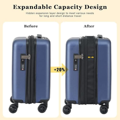 CENSIEN 16 Inch Underseat Carry On Luggage Airline Approved, Expandable Lightweight ABS+PC Hard Shell Suitcases with 360° Spinner Wheels, TSA Lock, YKK Zipper, for Business Weekender (Blue, 1 PC) - color: Navy Blue, size: Underseat - 16 Inch - EXT