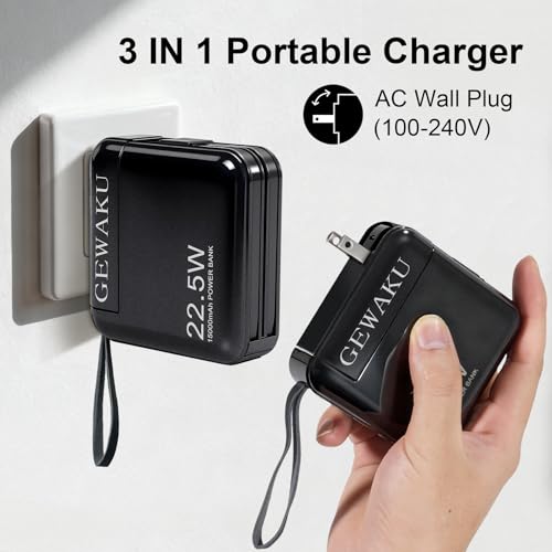Detachable Wall Plug Portable Charger 15000mAh Power Bank 22.5W | Fast Charging Built-in Cables, 3-in-1 Compact USB-C Battery Pack Travel Essentials for iPhone 17,iPad, Android, Samsung - color: Black